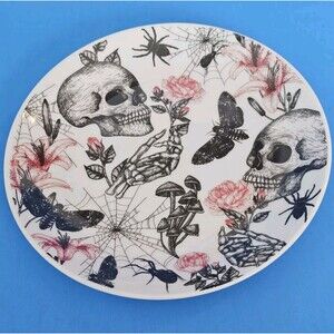 Halloween Skull Mushroom Plate Moths 6" Gold Rim  Counter Culture Side Chateau